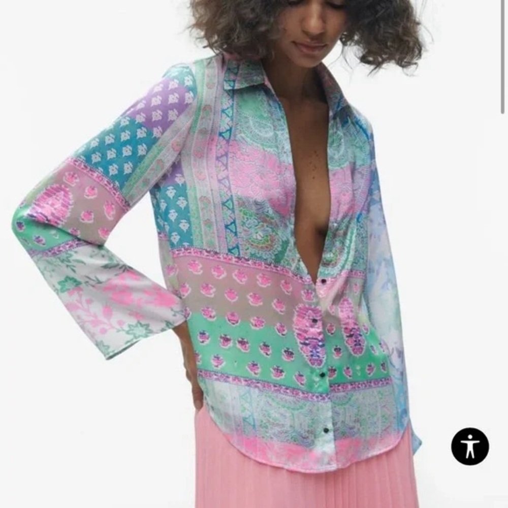 Zara patchwork print button up blouse
